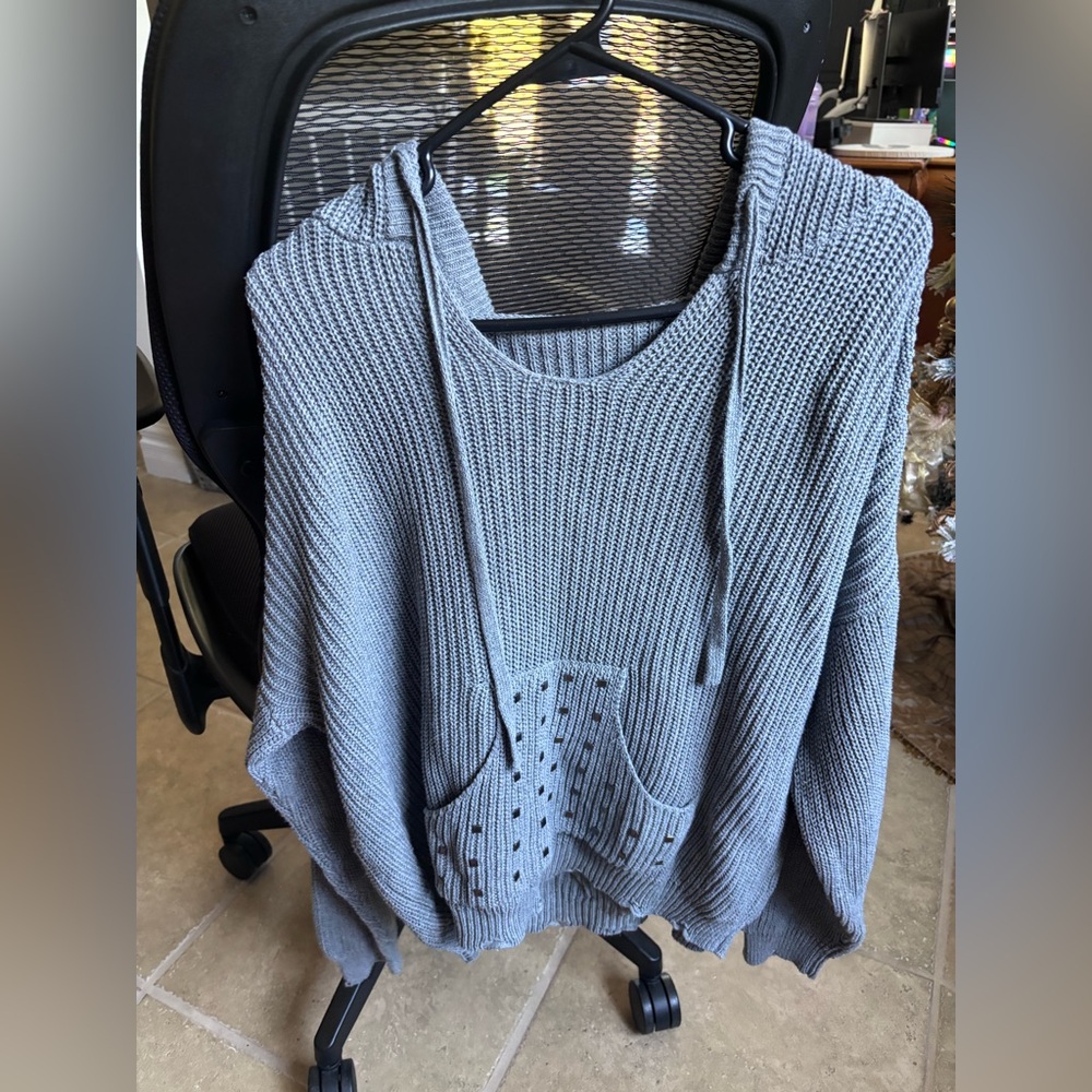Gray Knit Hoodie with Studded Pockets